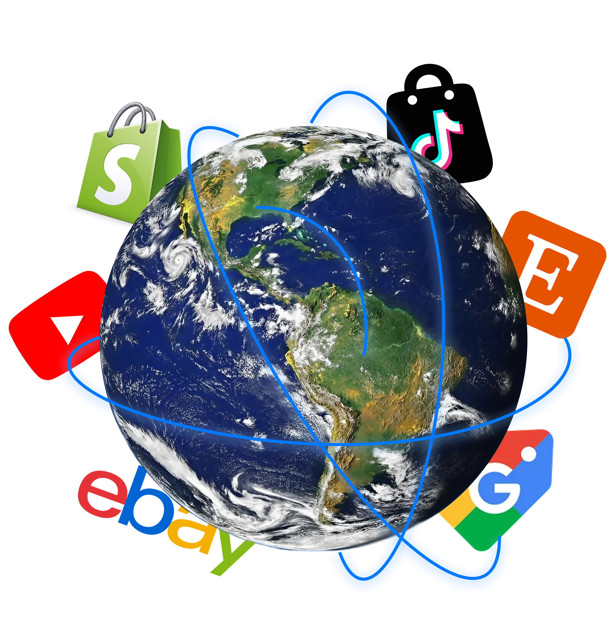 Зображення планети Земля з орбіти, оточеної логотипами популярних торгових і соціальних платформ, таких як Shopify, Etsy, eBay, YouTube, TikTok і Google, що символізує глобальну електронну комерцію.